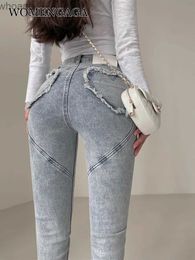 Women's Jeans WOMENGAGA Sexy High Waist Hip Tight Slim Stretch Peach Hip Small Foot Pencil Jeans Trousers Hot Sexy Korean Women SV6J YQ240104