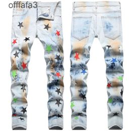 purple jeans mens pant Street fashion men's with holes craft binding and bleaching hand-painted elastic pants star embroidery small straight