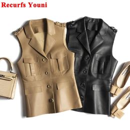 Waistcoats HighEnd Selection Genuine Leather Sleeveless Jacket Women Female Slim Suit Collar Pockets Aiguillette Vest Mujer Chic Waistcoat