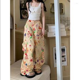 Women's Pants Summer Graffiti Floral Print Cargo Casual High-rise Loose Mop Trousers Streetwear Women Korean Style Clothes