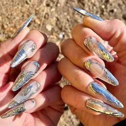 MAGO Handmade Press on Full Cover Professional Nails Irregular 3D metal girl long reusable finished fake nails 240104