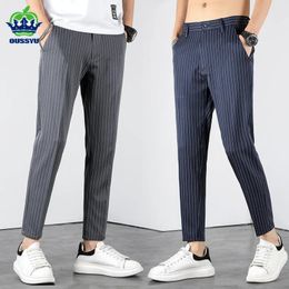 Pants Summer Business Stripe Suit Pants Men Thin Formal Slim Fit Classic Work Ankle Length Straight Blue Trousers Brand Clothing 38