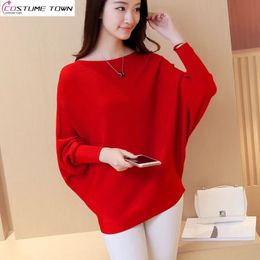 Spring and Autumn Sweater's Bat Shirts One Line Neck Knitwear Women's Pullover Long Sleeve Loose Solid Colour Top 240104