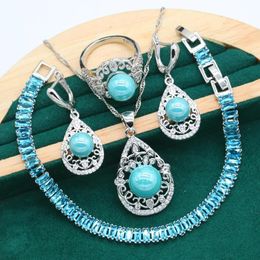 Chokers Classic Sier Colour Pearl Jewellery Set for Women Wedding Blue Zircon Bracelet Earrings Necklace Pendant Ring Christmas Gift