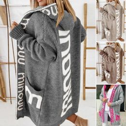 Women's Knits Loose Fit Skin-Touch Windproof Cardigan Style Letter Printing Hooded Sweater Coat Knitwear Streetwear