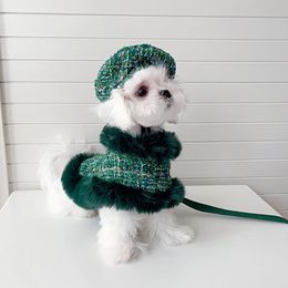 Dog Harness and Leash set Christmas Green Colour Warm Collar Jakcet Fur Coat for Small Dogs Puppy Items 240103