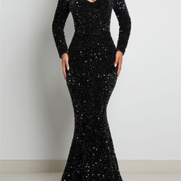 Long Sleeve Padded Sequin Maxi Dress Floor Length Sparkles Stretch V Neck Mermaid Formal Evening Night Party Gown Grey Black Red 240103