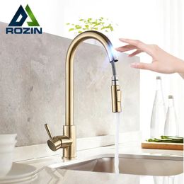 Rozin Smart Touch Kitchen Faucet Brushed Gold Pull Out Sensor Faucets BlackNickel 360 Rotation Crane 2 Outlet Water Mixer Taps 240103