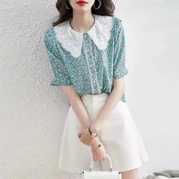 Women's Blouses Shirts Women Sweet For Summer Perter Pan Collar Print Short Sleeve Single-Breasted Ladies Tops 2024 Feminine Clothes