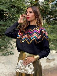 Women's Sweaters Colourful Wave Sequins O-neck Knit Sweater Women Fashion Long Sleeve Pullover Rib Top Lady Elegant Party Club Street Chic