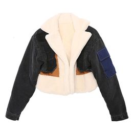 Cowboy lamb's wool short section trend padded cotton style lapel long-sleeved fringe casual jacket coats designer women 1Z441