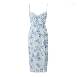 Casual Dresses YENKEY Women French Style Blue White Floral Print Sling Sexy Lace Trim V Neck High Slit Female Summer Dress Midi Robe