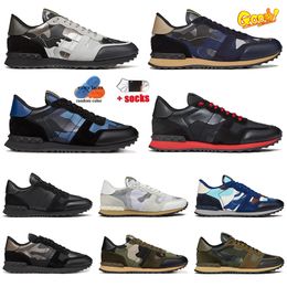 Top Quality Rockrunner Designer Shoes Platform Sneakers Top Leather Camouflage Rubber Sole Black Navy Beige Sky Blue Camouflage Women Mens Casual Shoes Size 38-46