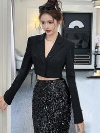 Women's Suits Fashion Chic Blazer Office Lady Bright Black Long Sleeve Short Casual Party Coat Ladies Outerwear Stylish Cropped Tops