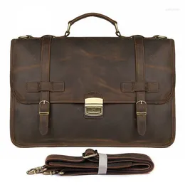 Briefcases Leather Men Laptop Bag 14" Genuine Business Male Work Tote With Key Lock Messenger