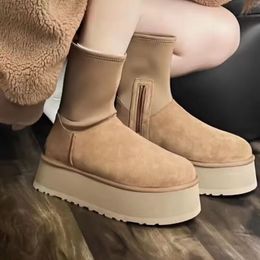 Scarpe con suola spessa da donna alla moda, mini stivali da neve, stivali caldi in peluche di pelle di pecora, stivali impermeabili morbidi e comodi, bellissimo regalo