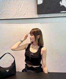New Metal Triangle Mark u Neck Slim Fit Small Strap Solid Color Versatile Sleeveless Tank Top Womens T-shirt S-l