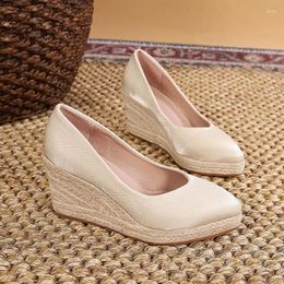 Dress Shoes 8cm Spring Fall Plus Size 34-42 Shallow Satin High Heels Women Espadrilles 2024 Thick Bottom Platform Wedges Office