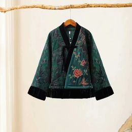 Winter Warm coat Vintage Women's padded jackets oversize green outerwear Ethnic style embroidery loose short parkas 240104