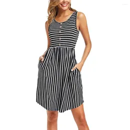 Casual Dresses Sexy Women Summer Sleeveless Stripe Buttons Pocket Dress Ladies Slight Strech Midi Knee Length Sundress In 2024