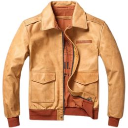 Classic Flight A2 Pilot Jacket Vintage Dirty Yellow Oil Waxed Cowhide Genuine Leather Jacket Men Jackets Male Coats 240103