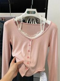 Pink T-shirts Women Slim Sweet College Fashion Korean Spring Soft Leisure Cropped Spliced Designed Arrival Daily Casual 240103