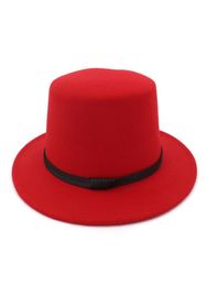 Fashion Wide Brim Elegant Lady Wool Pork Pie Boater Flat Top Hat for Women039s Men039s Felt Fedora Gambler Hat Cloche Bowler4650630