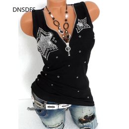 Shirts Good Stretch 5 Stars Beading Tee Cotton Tshirt Women Summer T Shirts Sexy Zipper V Neck Sleeveless Top Black 5xl Vest Y2k