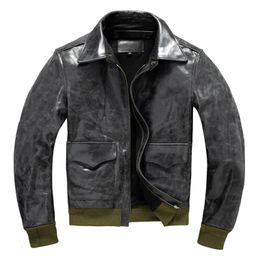 Military Style Black Autumn A2 Pilot Jacket Men Plus Size 5XL Natural Cowhide Aviation Genuine Leather Coat 240103
