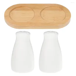 Dinnerware Sets 1 Set Ceramic Salt Jar Kitchen Condiment Powder Container Pepper Shaker With Wood Tray