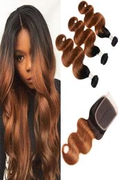 Indian Virgin Hair Cambodian 1B30 Human Hair Body Wave 3 Bundles With 4X4 Lace Closure Two Tones Colour 1B309257075