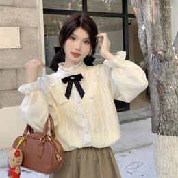 Women's Blouses Spring And Autumn Women Blouse Bow Lace Long-sleeved Wooden Ear Preppy Style Stand-up Collar Shirt Female