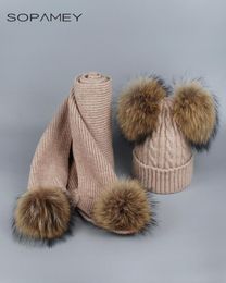 Real Raccoon Fur Pom Pom Scarf Set for Women and girl Winter Long Knit Scarves for Children and adult3287104