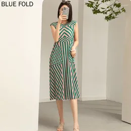 Casual Dresses MIYAKE-Sleeveless Pleated Dress Round Neck Pullover Loose Large Size Printed Temperament Spring Summer Fashion