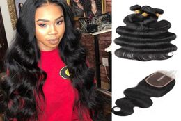 Malaysian Body Wave Human Hair Bundles With Closure Peruvian Hair 4Bundles Weft with 44 Lace Closure Water Loose Hair Extensions3657597