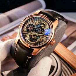 Wristwatches OBLVLO Designer Men's Rose Gold Dragon Automatic Watch Luxury Creative Wheels Luminous Leather Mechanical For MenJM-DRAGON