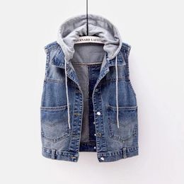 Vests Denim Vest Women's 2021 Spring Autumn Korean Hooded Short Denim Jeans Vest Jacket Female Big pocket Waistcoats Cowboy Tops Coat