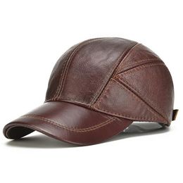 Casual Leather Outdoor Baseball Cap Mens Cowhide Earmuffs Autumn and Winter Hat Fathers Birthday Gift 240103