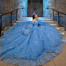 Sky Blue Quinceanera Dresses Sleeveless Crystal Sequined Ball Gown Off The Shoulder 3D Flowers Corset Vestidos Para