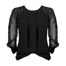 Women's Blouses Puff Lace Long Sleeve Work Tops Flower Dot Print Blouse Casual O-neck Loose Fit