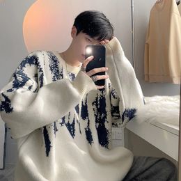 Autumn men's knitted luxury printed floral sweater casual retro loose O-neck solid Colour long sleeved knit 2024 240104