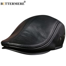 BUTTERMERE Flat Caps Men Real Leather Duckbill Hats Berets Earflaps Black Casual Directors Cap Male Vintage Winter Driving 240103