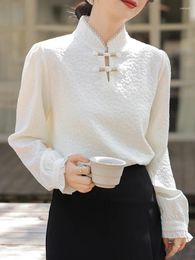 Women's Blouses QOERLIN High Quality Chinese Cheongsam Shirt Stand Collar Plate Buckle Long Sleeve Blouse Flare Tops Elegant