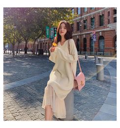 Dresses Y2k Women Dress Casual V Neck Loose Women Sweater Dress Elegant Autumn Winter Dress Ruffles Patchwork Female Long Knitted Plus