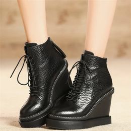 Platform Shoes Women Lace Up Genuine Leather Super High Heels Party Pumps Female Round Toe Wedges Fashion Sneakers Casual Shoes 240103