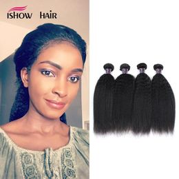 Wefts Ishow 10A Kinky Straight Human Hair Weave Bundles Remy Hair Extensions Brazilian Yaki Straight for Women Gilrs All Ages Natural Co