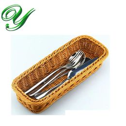 Baskets Rattan Plastic Basket Tableware Baskets Rectangular Wicker Bamboo Storage Box for Knives Forks Chopsticks Bread Cakes Fruits