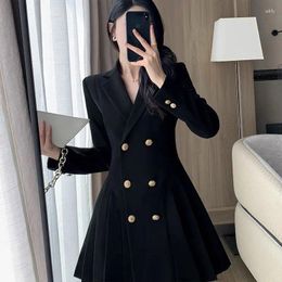 Casual Dresses Female Clothing Tailored Collar Mini Dress Commute 2024 Spring Autumn Double Breasted Basic Solid Color Stylish Pleated