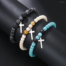 Charm Bracelets Fashion Mens Bracelet Natural Stone Classic Cross Braslet White Blue Howlite Beads Strand Braclet Gifts For Him Hiphop