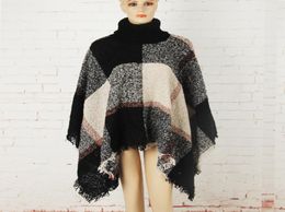 WholePlaid Cloak Autumn Winter Shawl High Collar Sweater Scarf Batwing Tassels Poncho For Girl knitted cape outwear8016815